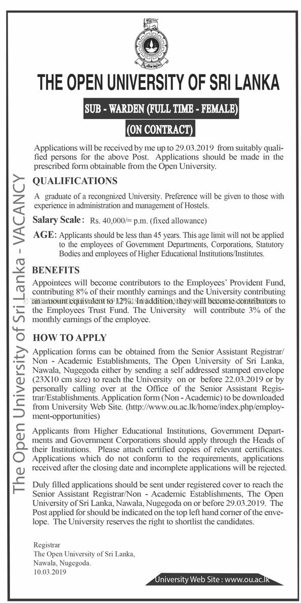 Sub Warden (Full Time - Female) - The Open University of Sri Lanka